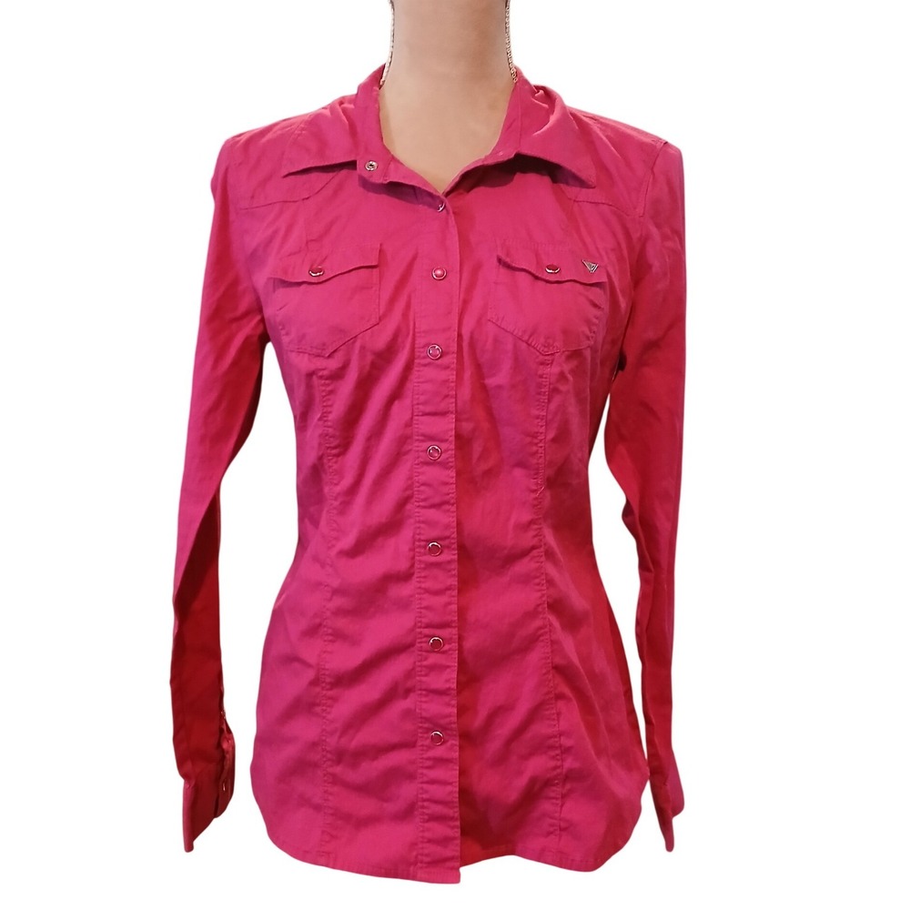 Guess Medium Womens Pink Purple Western Snap Button Down Shirt Long Sleeve